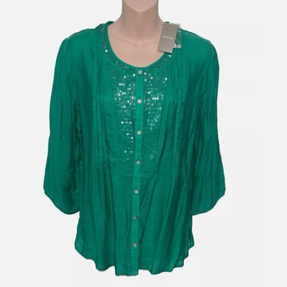 Chico's Sequin Shimmer Calley Top Vivid Green Blouse/Top Size 1/Medium NEW w/tag